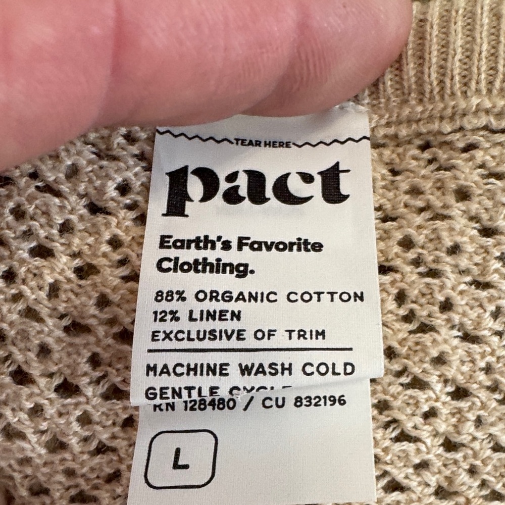 pact Organic Cotton Beige Open Knit Short Sleeve Sweater Top, Womens sz L - Picture 3 of 12